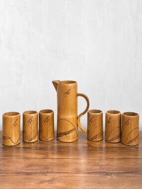 Vintage Jamaica Bamboo Drink Set Pitcher & 6 Cups Handcrafted Tropical Barware